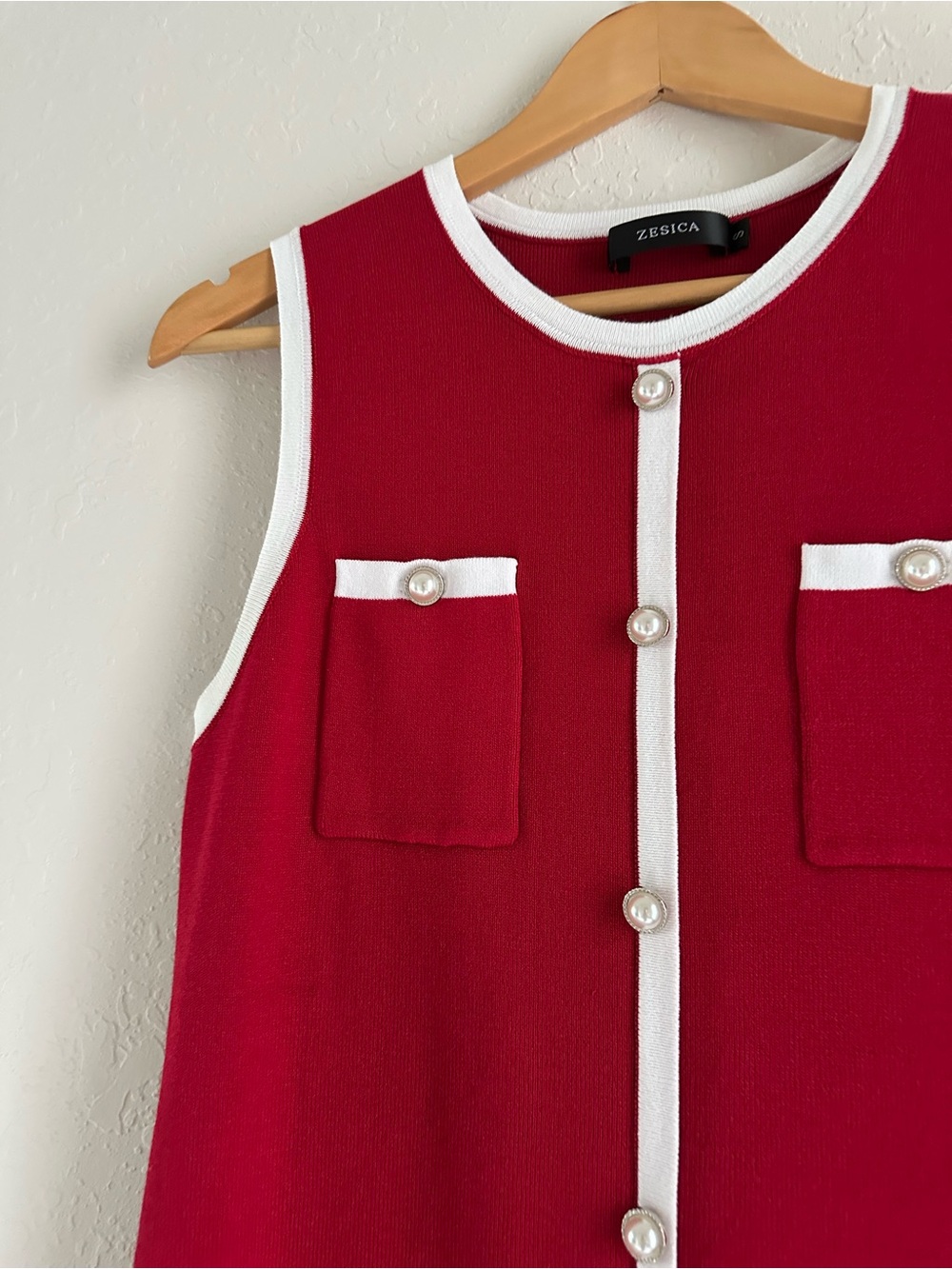 Sleeveless Red Midi Shift Dress with White Trim and Button Detail - Picture 2 of 5